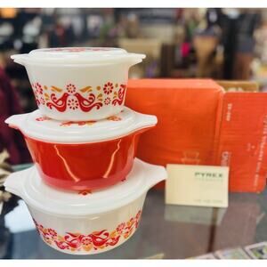 Pyrex Friendship 480-45 3 Casserole Set 473 474 475 NEW WITH BOX White Covers